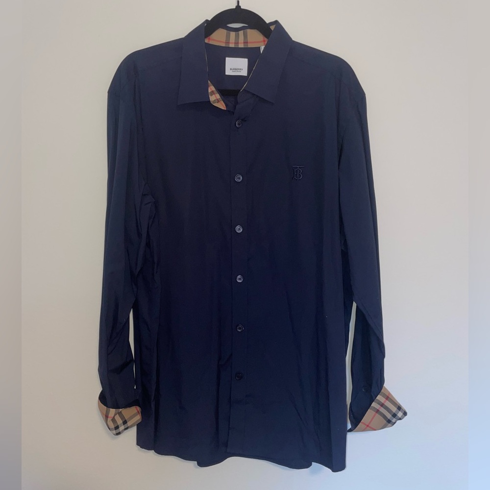 Men's Navy Blue Shirt with Plaid Cuffs